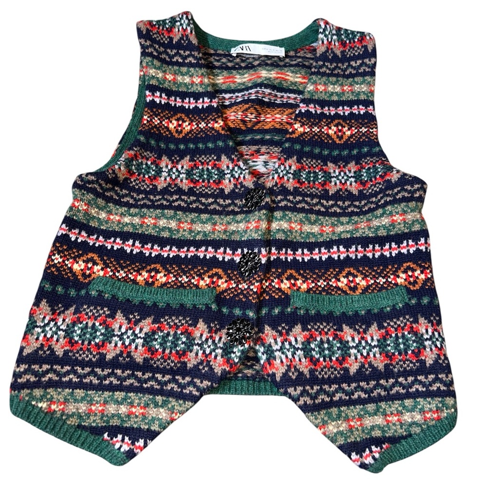 Zara Fair Isle Knit Sweater Vest Multicolor Wool Blend Small